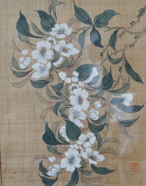 An early 20th century, Chinese School, watercolour on silk, Study of flowers, signed with red seal mark, 26.5 x 19.5cm. Condition - fair, discolouration throughout